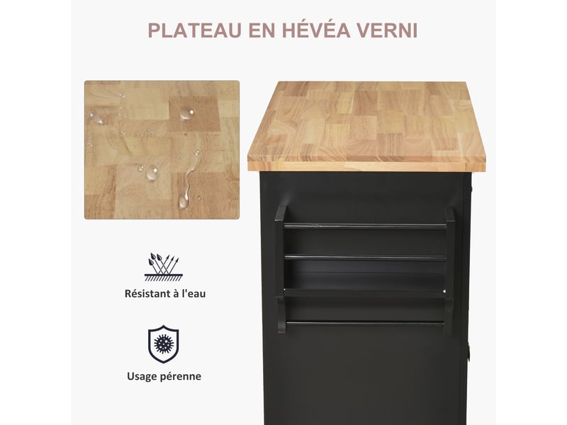  Desserte îlot de cuisine 2 tiroirs 2 placards mdf et bois d'hévéa noir 111 x 44 x 82 cm  - Conforama D