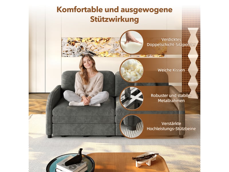  Canapé convertible 2 places 3-en-1, canapé-lit queen size avec poches latérales, coussins mobiles, tissu chenille gris, 166 x 84 x 90 cm  - Conforama E