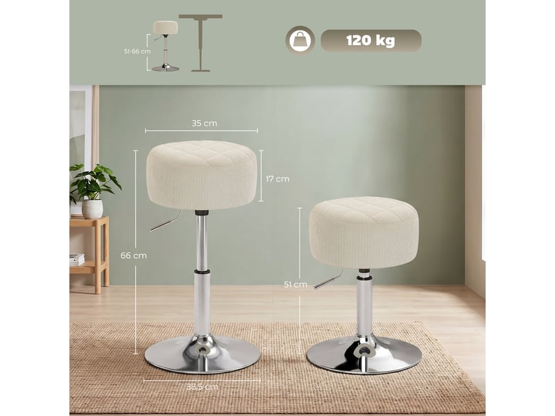  Tabouret de coiffeuse en chenille, tabouret de maquillage pivotant, tabouret de bar réglable en hauteur 51-66 cm, crème  - Conforama C