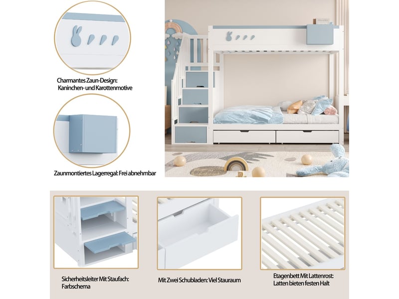  Lit superposé 90x200 avec escalier rangement et tiroirs - lit superposé enfant - motif lapin, étagère, blanc et bleu  - Conforama E