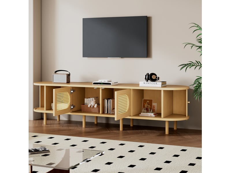  Meuble tv avec portes effet rotin 180x40x40 cm coloris bois clair  - Conforama B