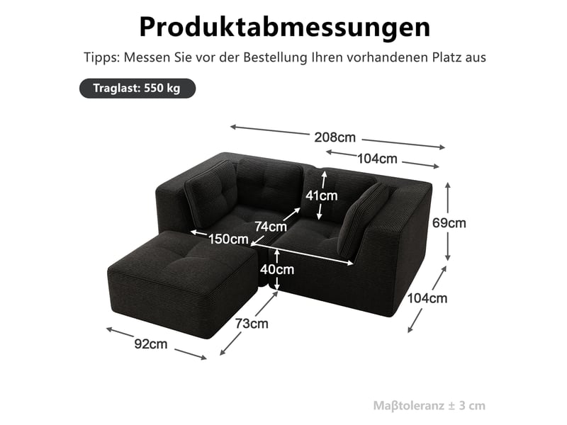  Canapé modulable 208x177x69 cm 2 places, sans montage, méridienne déplaçable, en velours côtelé, noir  - Conforama C