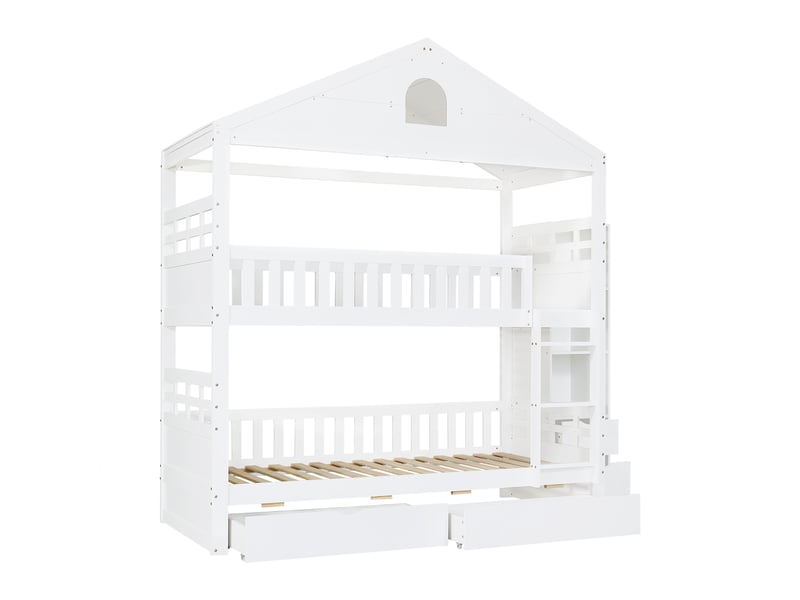  Lit superposé 90x200 cm blanc forme maison avec 2 tiroirs, rangement et barrières  - Conforama E