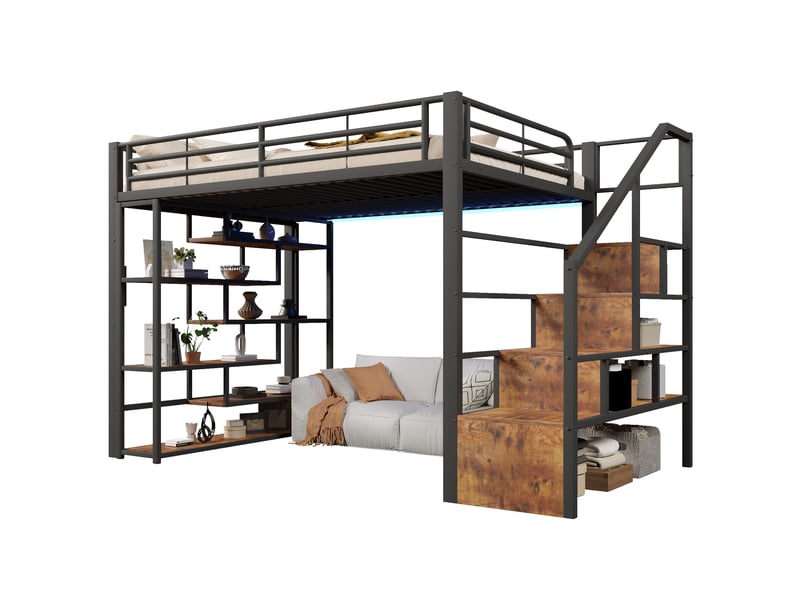  Lit mezzanine 140x200 cm en métal et mdf noir avec led via application, échelle et barrière de sécurité, escalier avec rangements.  - Conforama A