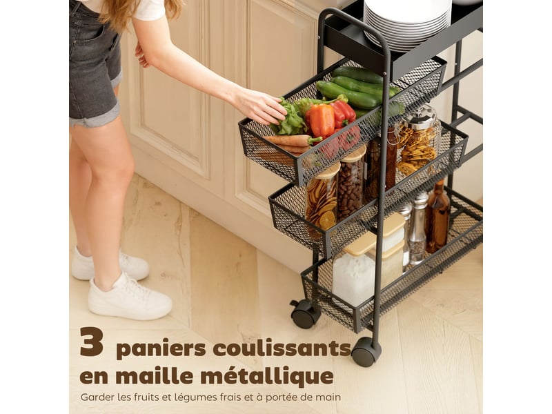  Chariot de rangement à 4 niveaux, desserte à roulettes, panier supérieur 19 x 43,2 x 80 cm noir, 3 paniers coulissants  - Conforama A