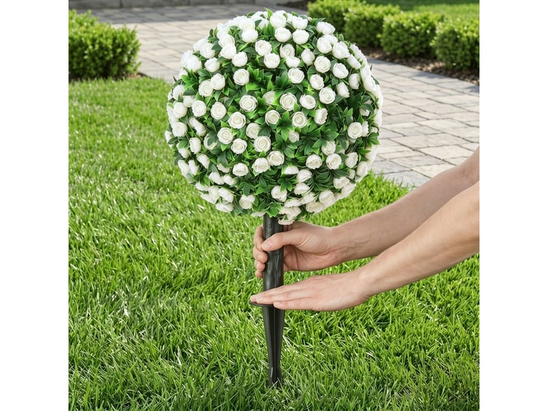  Mur vegetal artificiel lot de 2 boules de roses sur tige résistantes aux uv pour extérieur en polyéthylène blanc 55 cm  - Conforama C