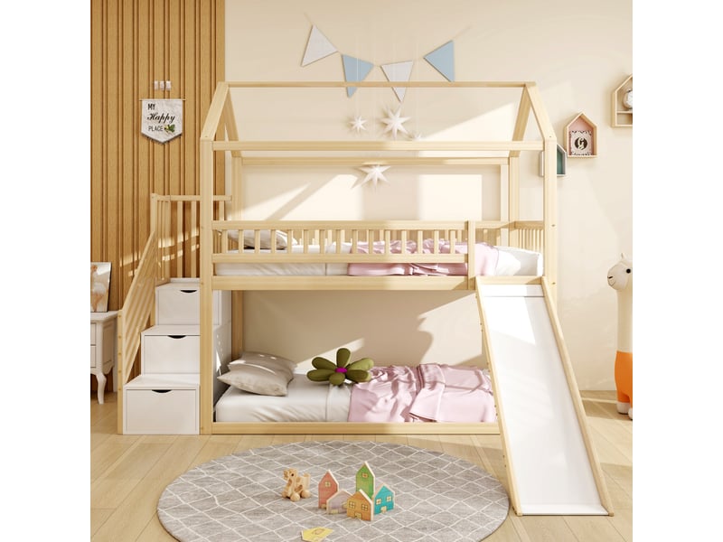 Lit mezzanine enfant 90 x 200 cm avec toboggan et échelle de rangement, cadre en bois massif, coloris bois naturel - Conforama W