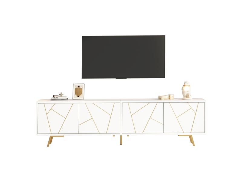  Meuble tv 190x40x51,5 cm en panneaux de particules avec 4 portes blanc et doré chicfurn  - Conforama A