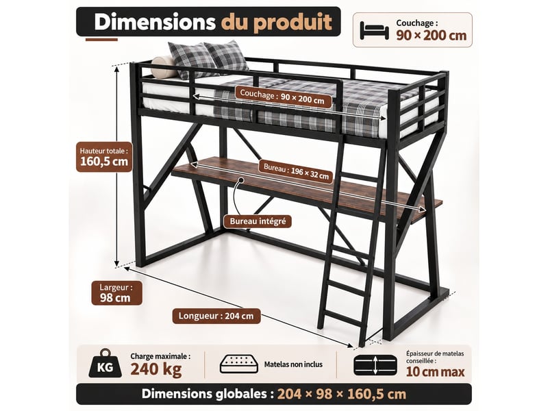  Lit mezzanine enfant 90 x 200 cm en métal avec bureau, éclairage led, échelle et garde-corps, gain de place, noir  - Conforama C