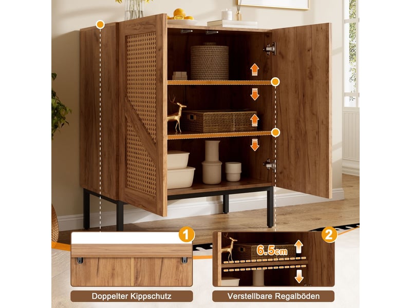 Buffet 70 cm rangement à deux portes bahut aspect bois panneaux de particules et rotin pe répartition sur trois niveaux deux étagères réglables en hauteur double protection anti-basculement - Conforama D