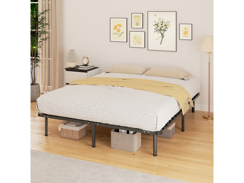  Cadre de lit 160 x 190 cm, lit 2 personnes en bois massif avec sommier à lattes et pied, rangement au-dessous, noir  - Conforama D