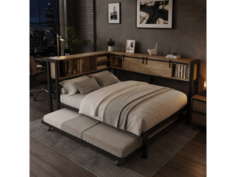  Lit gigogne 3 places avec rangements, portes coulissantes et prise, 120×200 et 90×190 cm, sans matelas  - Conforama C
