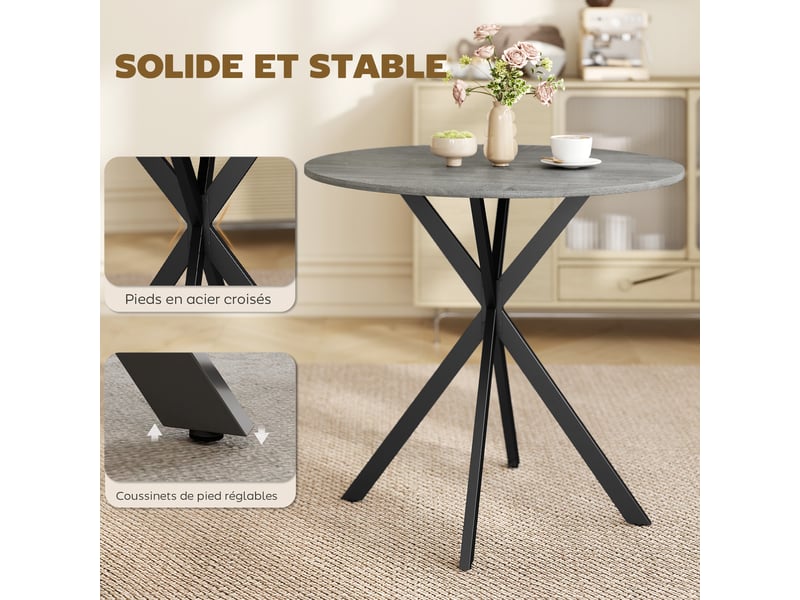  Table à manger ronde pour 2 personnes avec plateau aspect bois et croisé piètement en acier, gris  - Conforama R