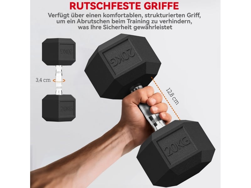 Lot de 2 haltères hexagonaux 20 kg noirs en fonte, poignée moletée, entraînement de musculation à domicile - Conforama E