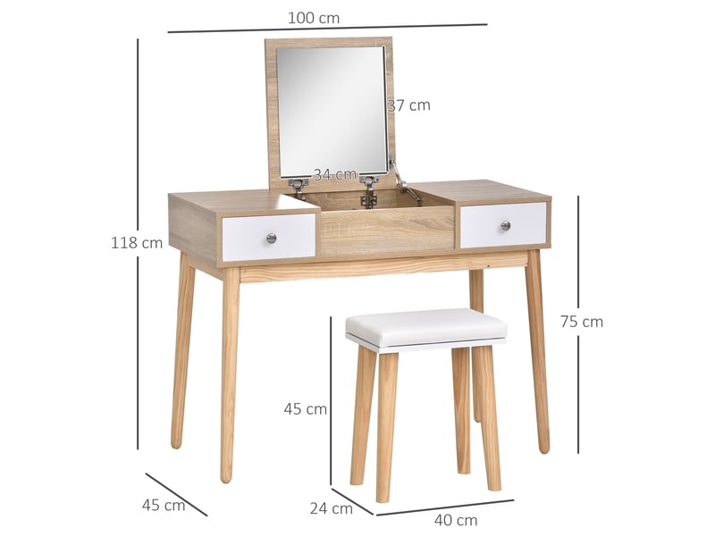  Coiffeuse moderne avec miroir coulissant, rangement pour bijoux, 2 tiroirs et tabouret, couleur bois  - Conforama C