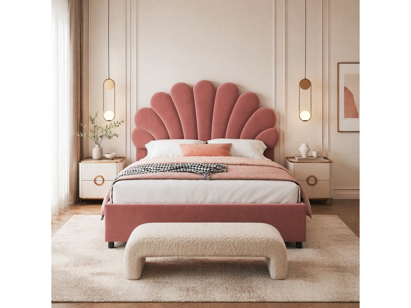  Lit enfant 140x200cm, lit coffre, sommier, lit 2 places avec tête de lit intégrée, velours rose, sans matelas  - Conforama B