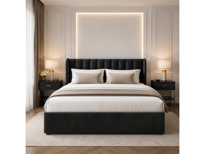  Lit 140 x 200 cm en velours noir avec sommier à lattes, tête de lit et 2 tiroirs  - Conforama D