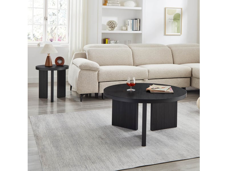  Ensemble tables basses rondes 80x80x42 cm et 44,5x44,5x45 cm rainurées mdf noir  - Conforama D