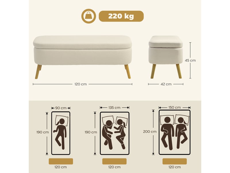  Banc de rangement beige avec couvercle et pieds en bois capacité 65 l charge maximale 220 kg dimensions 120 x 42 x 45 cm  - Conforama C