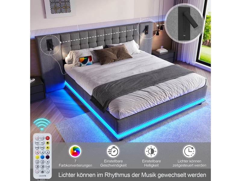  Lit double 180x200 cm - lit déco rembourré avec spot led et prise usb - lin + mdf - sans matelas - gris  - Conforama E