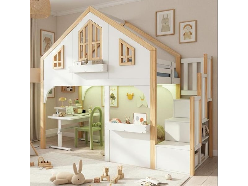  Lit superposé enfant 90x200 cm avec escalier de rangement et led, blanc et bois naturel  - Conforama C