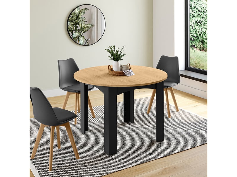 Table à manger extensible ronde dona 4-10 personnes noire plateau façon hêtre 110-200 cm  - Conforama D
