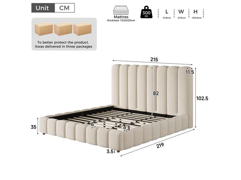  Lit double 200x200 cm avec sommier à lattes et tête de lit rembourrée en velours beige  - Conforama E