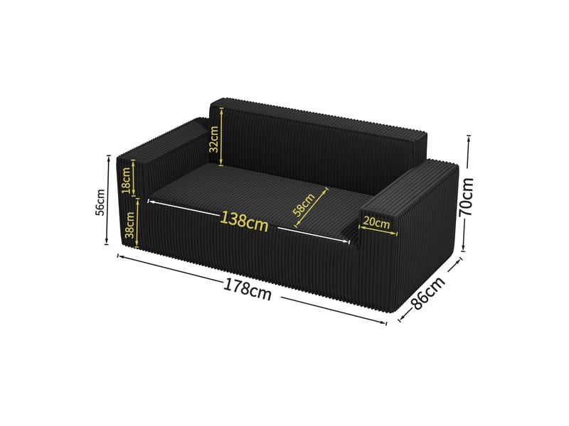  Canapé 2 places 178x86x70 cm en velours côtelé noir  - Conforama C