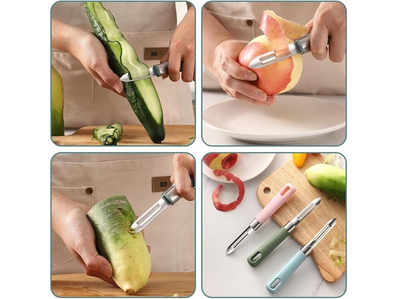  Lot de 3 éplucheurs de fruits, éplucheur multifonction en acier inoxydable, poignée ergonomique pour légumes, pommes de terre  - Conforama D
