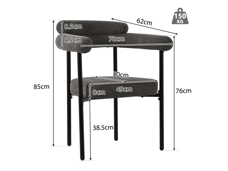  Fauteuil de salle à manger ergonomique à dossier incurvé  - pieds en métal tissu effet daim gris foncé  - Conforama D