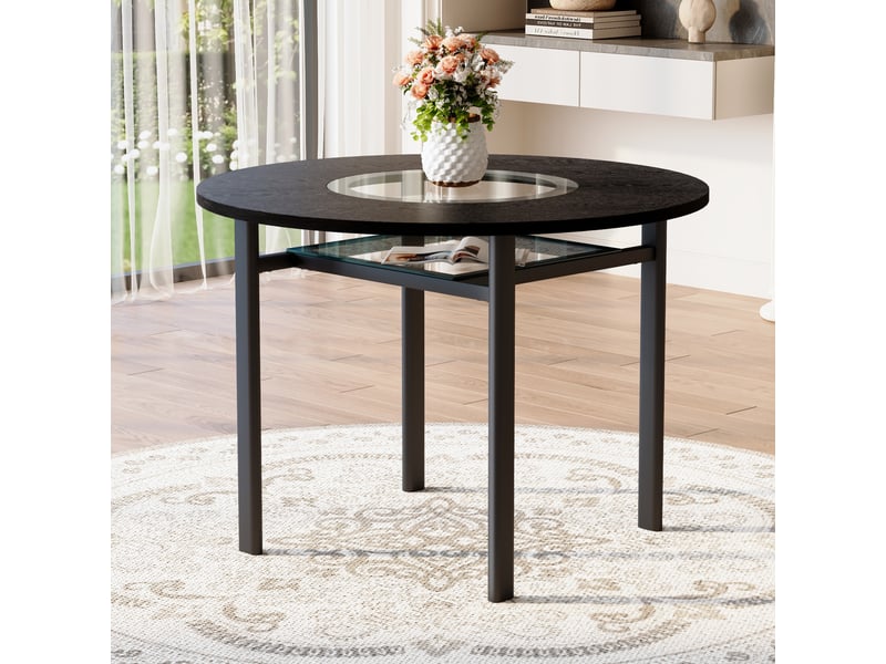  Table de salle à manger ronde 2 à 4 personnes avec étagère en verre, diamètre 100 cm, mdf noir  - Conforama C