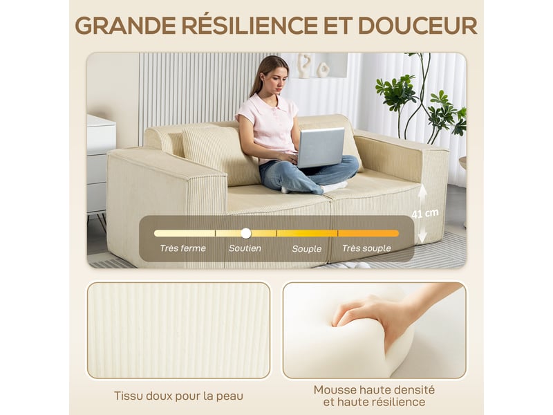 Canapé 3 places en velours côtelé, canapé rembourré, larges accoudoirs, 2 coussins, pas de montage, 202x90x76cm, beige - Conforama D