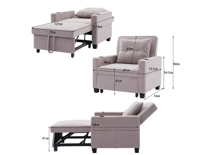  Fauteuil convertible 3 en 1 avec port usb et 2 porte-gobelets, 1 place, dossier réglable, gris  - Conforama C