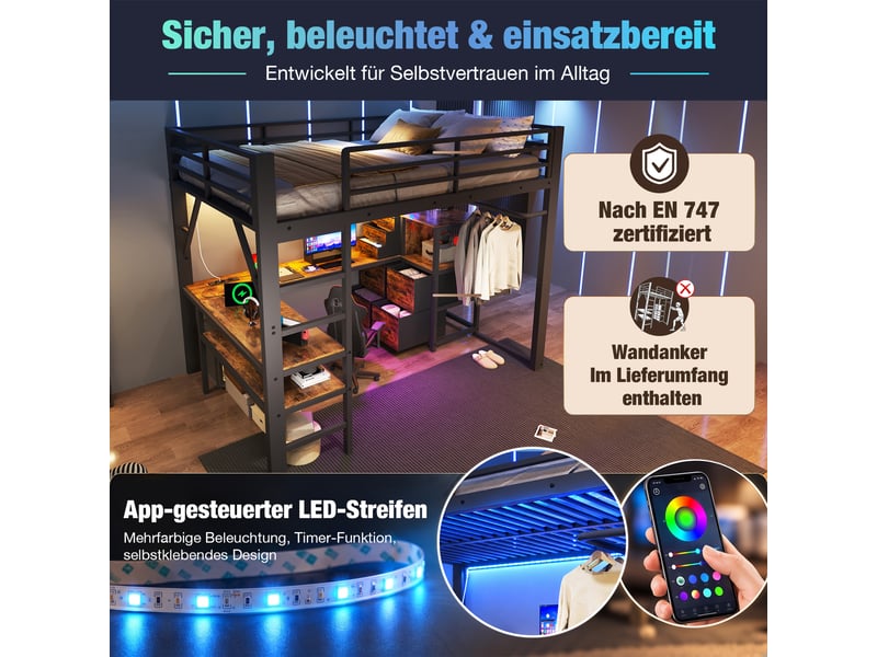  Lit mezzanine 140x200 cm avec bureau d'angle et 7 tiroirs en tissu, noir et brun  - Conforama E