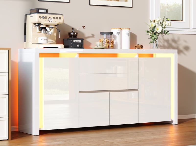 Meuble cuisine blanc, 160x35x75 cm buffet cuisine bas blanc laqué avec éclairage led - 4 portes et 2 tiroirs - pour cuisine, salle à manger, salon - Conforama B