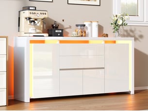 Meuble cuisine blanc, 160x35x75 cm buffet cuisine bas blanc laqué avec éclairage led - 4 portes et 2 tiroirs - pour cuisine, salle à manger, salon