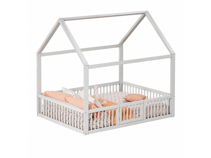  Lit cabane enfant 200×140 cm avec barrières de protection et portillon, en pin et mdf blanc  - Conforama A