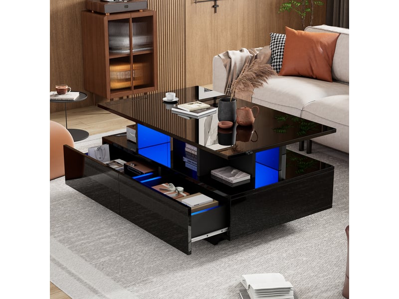  Table basse noire brillante avec led intégrée, 2 tiroirs de rangement, 90x55x41 cm, charge 30 kg  - Conforama C