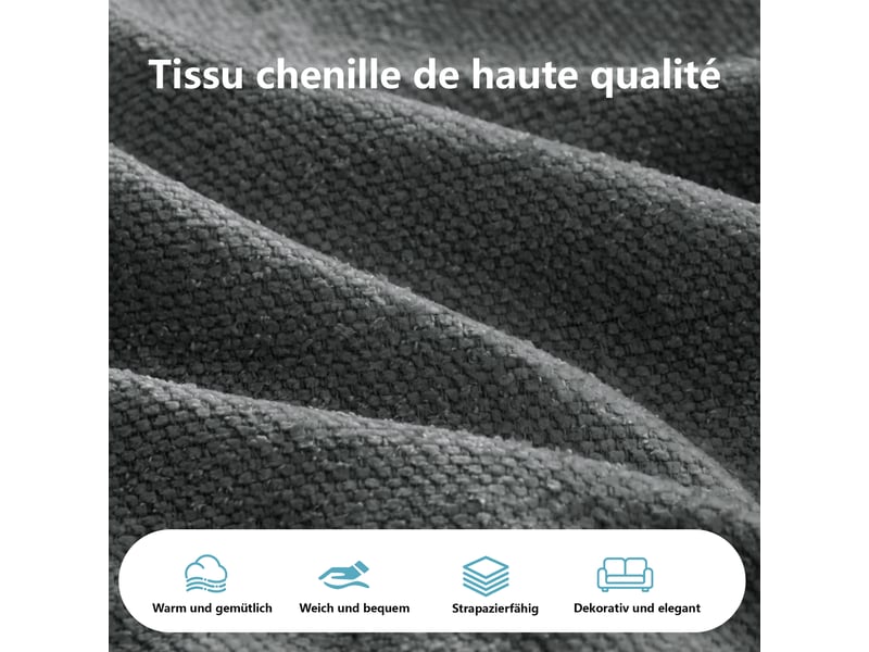  Canapé méridienne droit 2 places en chenille gris avec coussins, assise profonde 122 cm et accoudoirs larges  - Conforama E