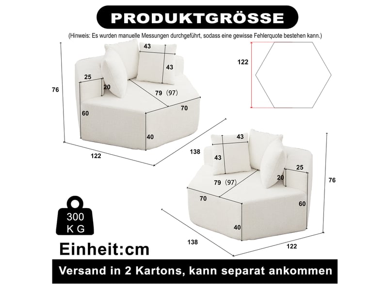Canapé modulaire hexagonal avec trois coussins et dessous antidérapant en tissu bouclette chenille beige - Conforama C