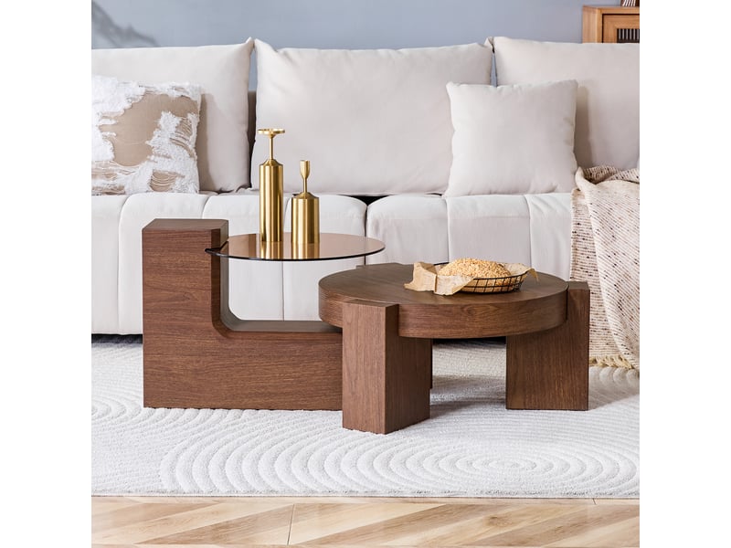 Set de tables basses séparables, verre brun transparent et mdf effet noyer, design modulable - Conforama B