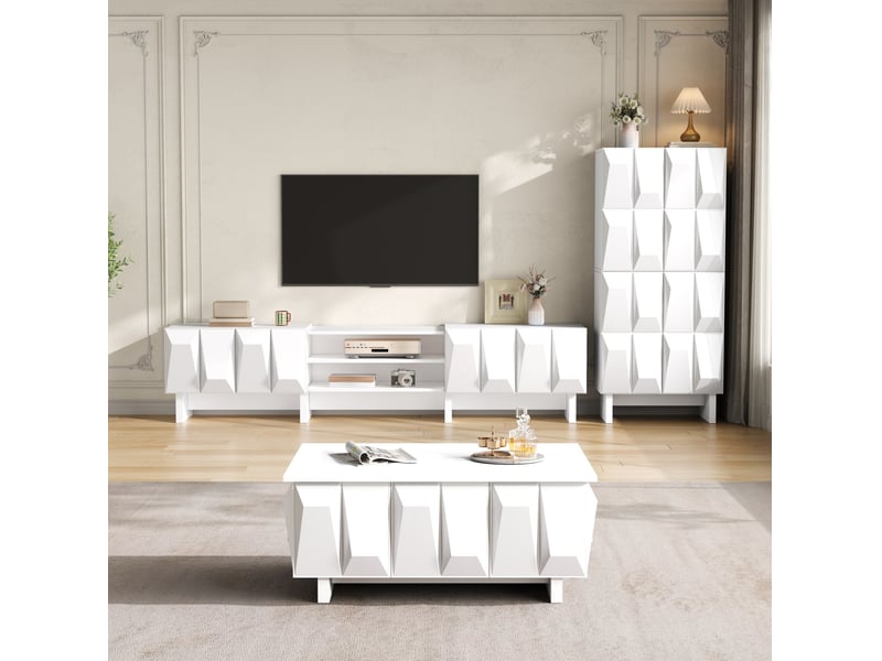  Ensemble de meubles de salon tcqpz 3 pièces blanc avec meuble tv, buffet et table basse à façades 3d géométriques  - Conforama D