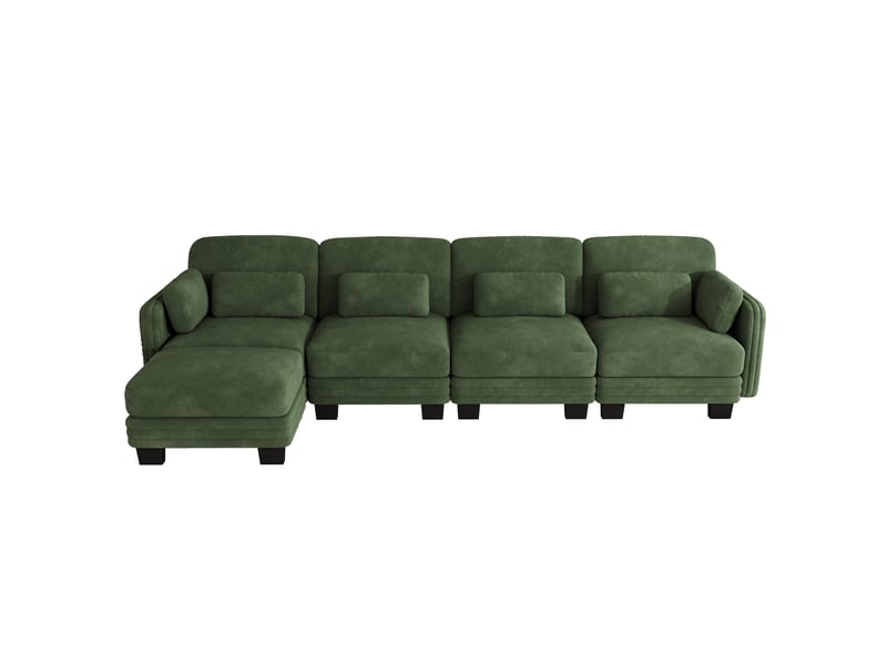  Canapé d’angle modulable 4 places avec ottomane 330x143x88 cm en chenille vert  - Conforama A