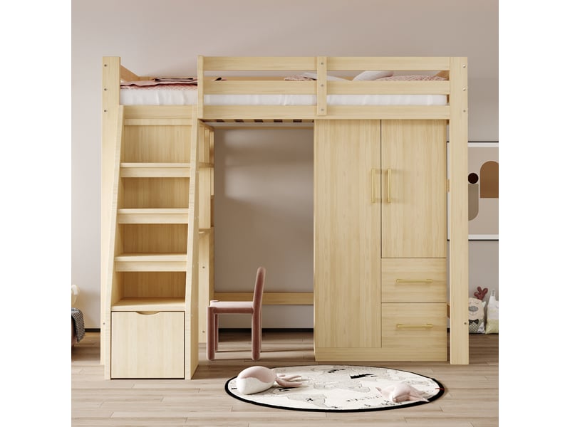 Armoire à vêtements 2 portes 70 x 40 x 135 cm, avec tiroirs et rangements, chambre enfant, bois naturel - Conforama R