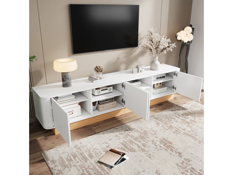  Meuble tv 200 cm avec 4 portes rainurées, étagères réglables, passe-câbles et angles arrondis, mdf, blanc Fay Lum - Conforama D