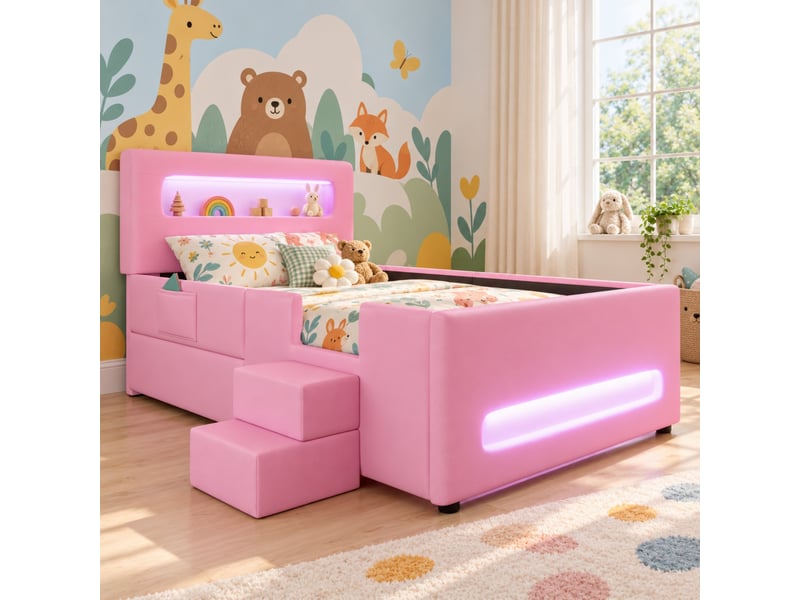  Lit enfant rembourré 90 x 200 cm, escalier, tiroir de rangement, led avec application, usb, poches latérales, pu, rose  - Conforama D