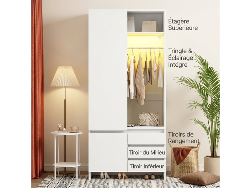  Armoire blanche 2 portes avec penderie et 2 tiroirs, poignées bois, 90x45x200 cm  - Conforama B