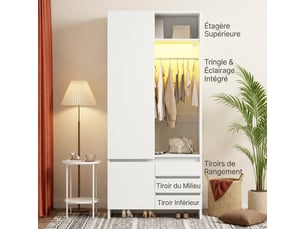 Armoire blanche 2 portes avec penderie et 2 tiroirs, poignées bois, 90x45x200 cm