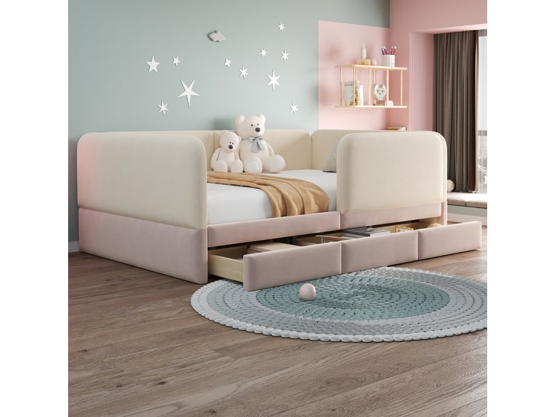  Lit enfant, 140x200 cm, espace nuit, avec 3 tiroirs de rangement, matelas non inclus, velours, coloris beige et rose  - Conforama E