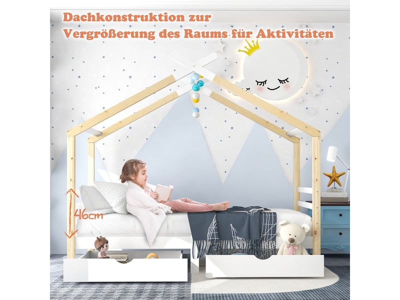  Lit cabane enfant 90x200cm - blanc et bois 2 tiroirs rangement - lit enfant - forme maison pin massif sommier inclus  - Conforama D